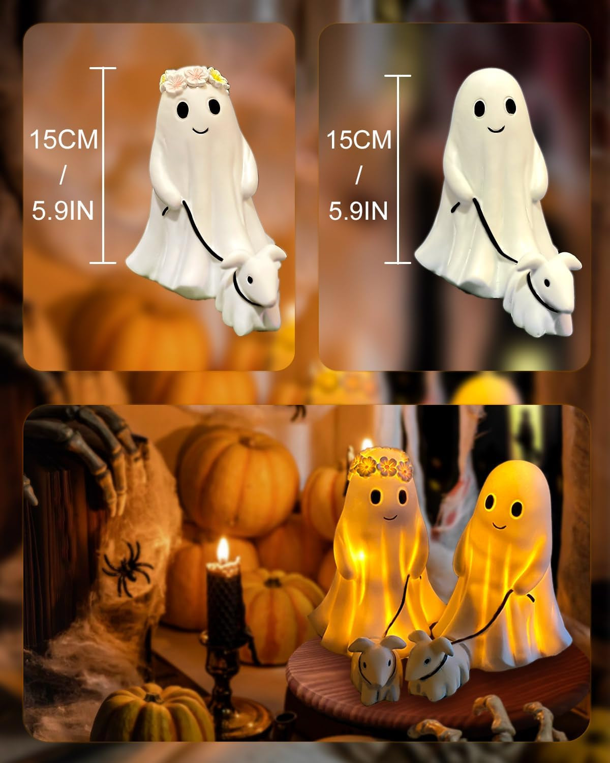 Ghost Walking Dog Display Statue Nightlight, Warm Lighted Indoor Figurine Lamps, Halloween Decors Spooky Dog Light, Cute Decorations for Party, Home, Bedroom, Shelf, Table Centerpiece (Boy)